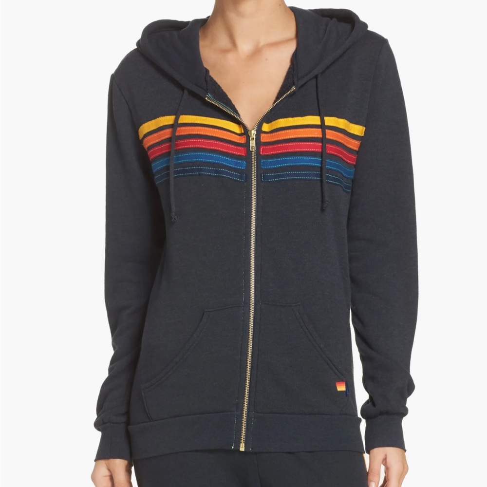 AVIATOR NATION 🌈 5 STRIPE Sweatshirt Hoodie in Charcoal Gray Size L